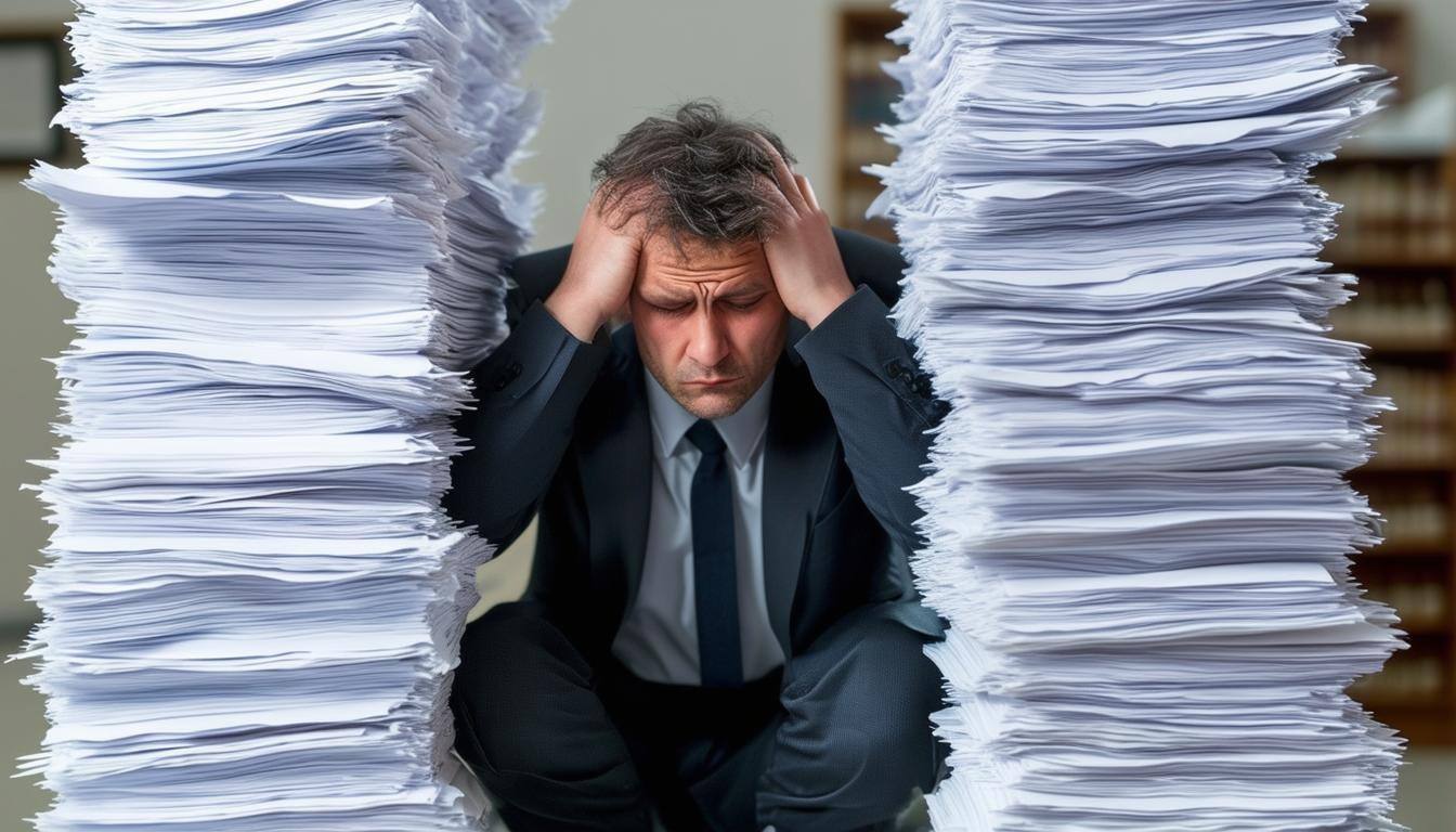 stacks of paper with an overwhelmed and stressed attorney